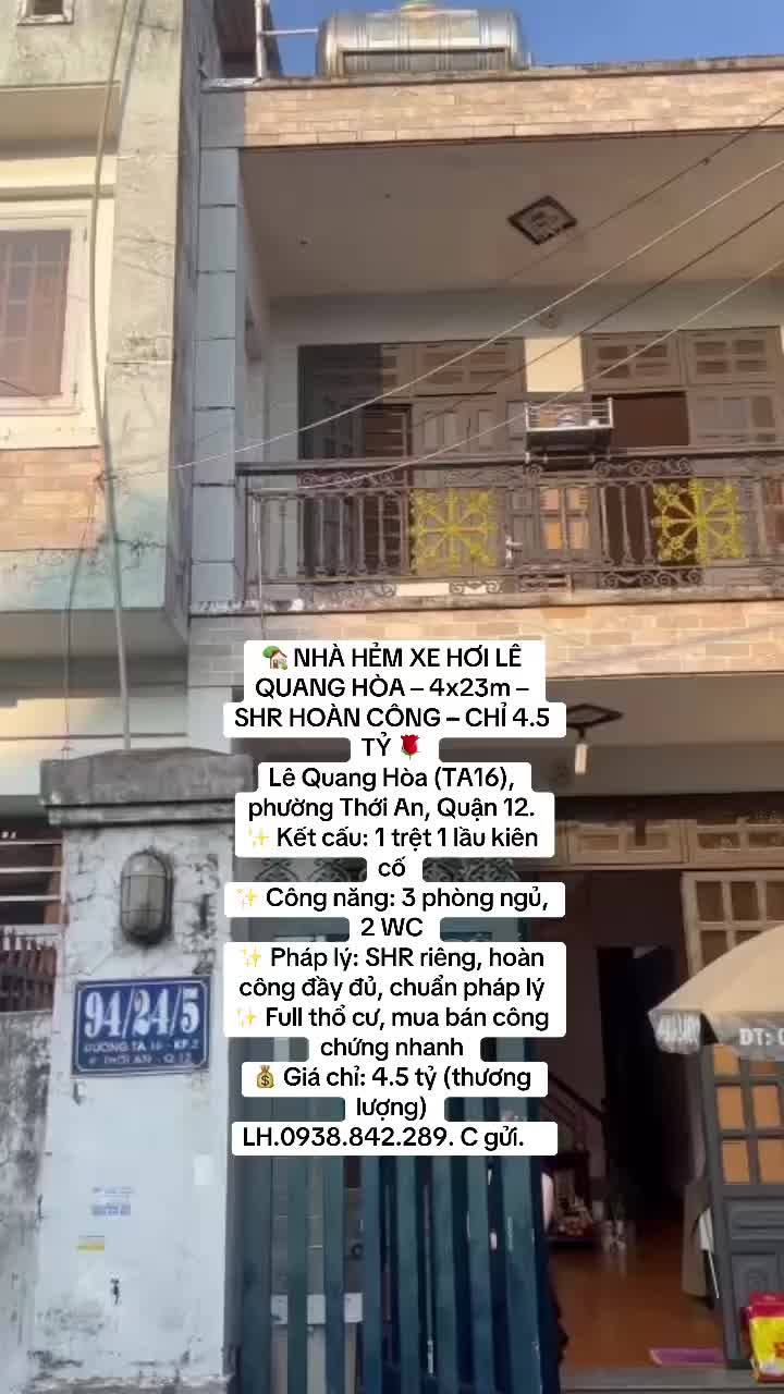 BÁN NHÀ Q12 HẺM XE HƠI SHR - DT 4x 23 -Giá 4.5ty  - ảnh 2