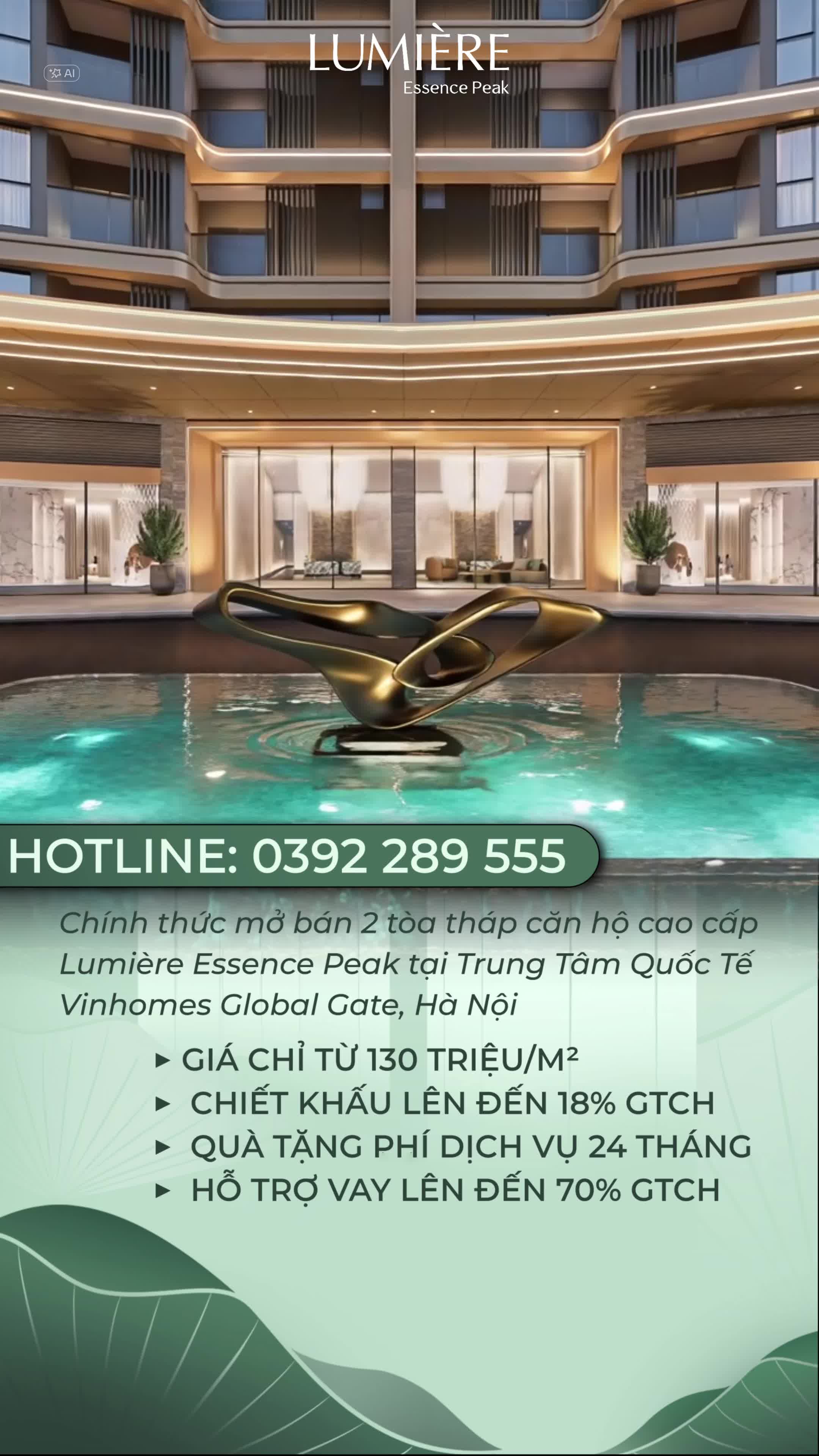 Quỹ căn 1PN Độc Quyền giá từ 130tr/m². CK đến 18% GTCH. Quà tặng miễn phí dịch vụ 24 tháng tại Toà P1 - Lumière Essence Peak - Vinhomes Global Gate, Cổ Loa, Hà Nội
