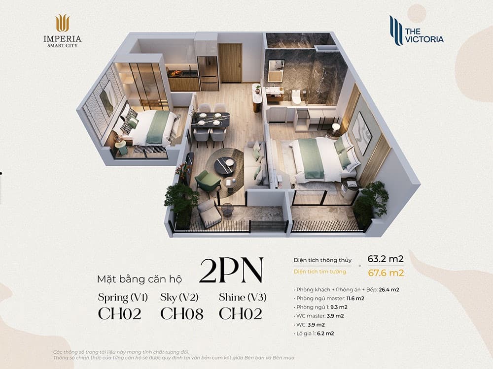 Cắt cực sâu: 4.5 tỷ 2N 63m2 tầng trung V2, đông nam td 5.% - ảnh 2